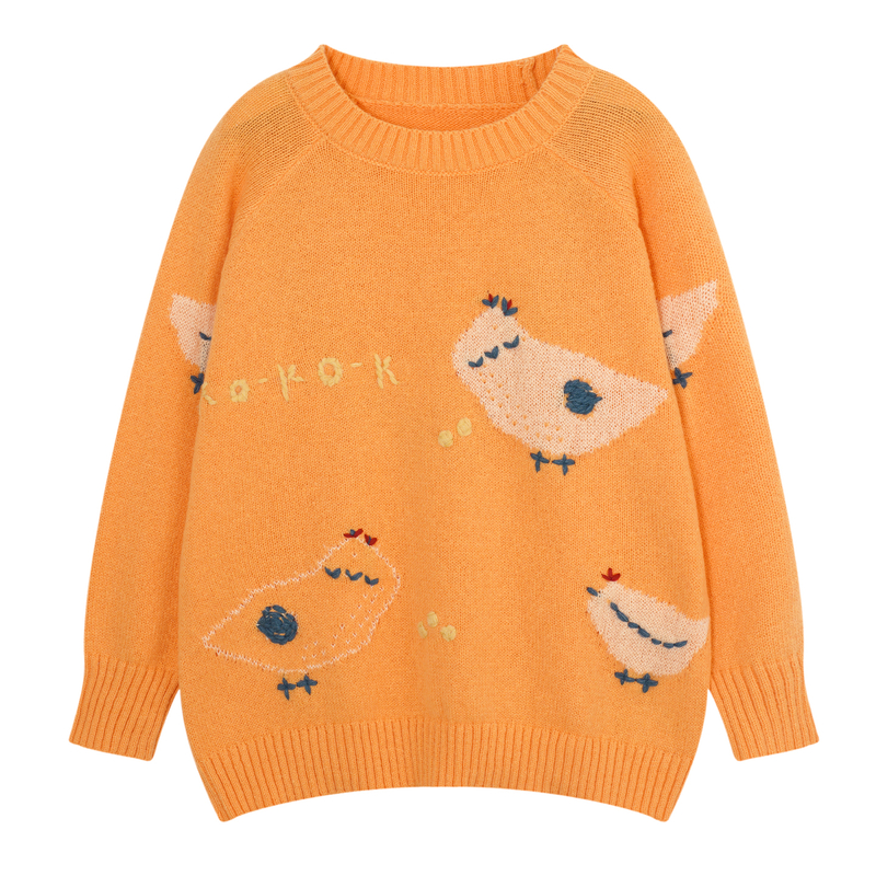 YUZI立体小鸡刺绣毛衣橘色宽松甜美显白慵懒秋冬针织上衣大码女装