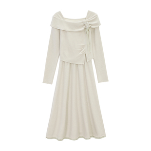 法式白色长袖连衣裙女巨好看长裙秋冬季设计感假两件收腰a字裙子