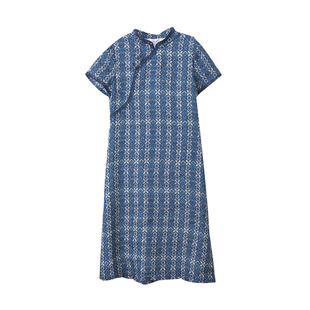 布符夏季松紧腰附花边旗袍中式立领复古国风盘扣女装日常