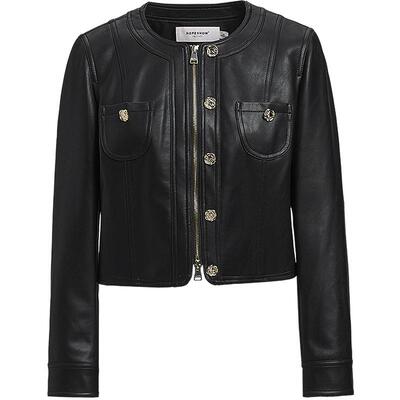 红袖春季复古截短式PU皮短外套