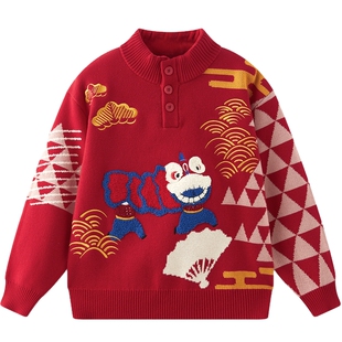 MQD童装男童新年毛衣2025冬装新款儿童针织衫新年红色国风毛衣