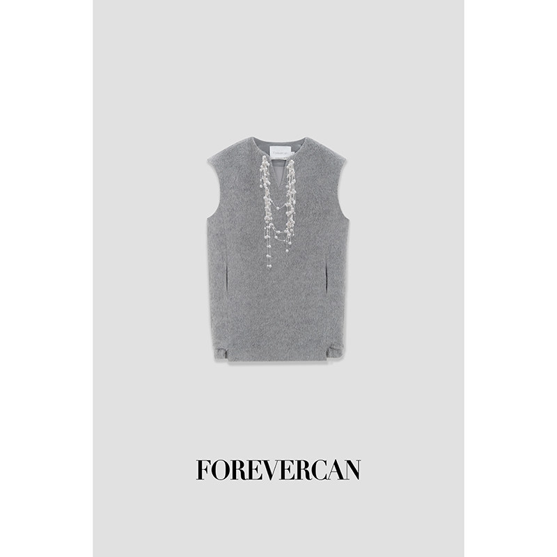 Forevercan女装秋冬新款“挪威雪松”V领珍珠装饰背心连衣裙+外套