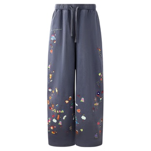 BJHG不计后果趣味插画卫裤女款春季设计感纯棉阔腿直筒运动休闲裤