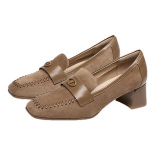 蹀愫2025年秋冬新款气质方头乐福鞋粗跟不累脚羊皮单鞋TA65104-13