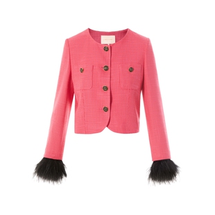 LIME莱茵优雅小香风轻奢可拆卸毛边千鸟格外套杜鹃花粉千金风上衣