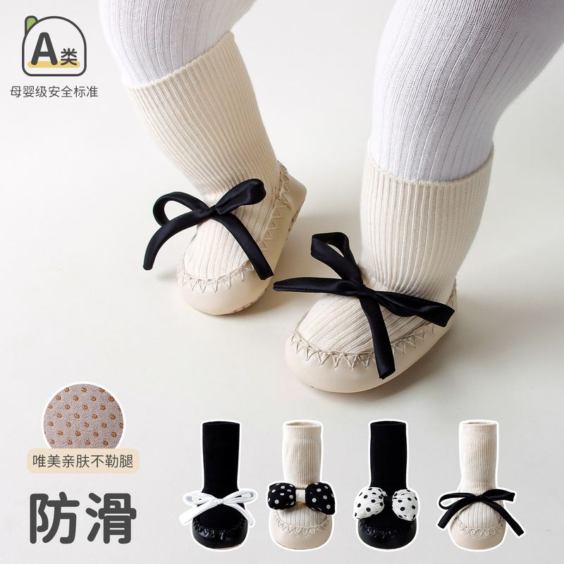 婴儿韩版蝴蝶结公主袜学步袜子鞋春秋中筒地板鞋袜宝宝皮底防掉袜
