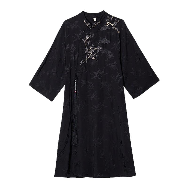 长袖禅服刺绣中长款衬衣