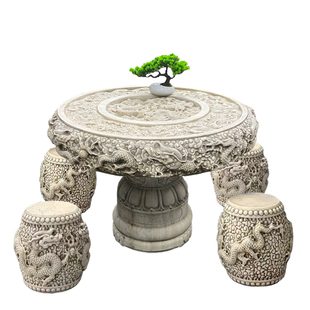 石桌石凳庭院一套户外天然汉白玉圆桌子中式仿古做旧雕龙石头桌子