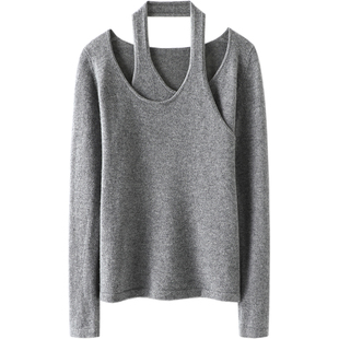 妥妥的回头率~气质！挂脖圆领山羊绒衫女纯羊绒毛衣针织衫露锁骨