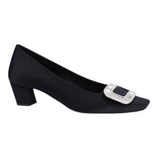 春秋浅口单鞋黑色船鞋方扣水钻粗跟中跟瓢鞋子平跟平底rv高跟鞋女