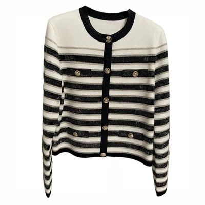 高档老钱风绵羊毛针织外套短款秋冬新款小香风镶银丝开衫套装