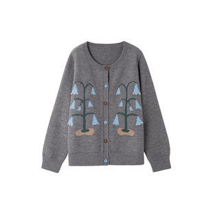 时然大码灰色提花针织衫微胖mm冬季女装保暖开衫外套花卉长袖上衣