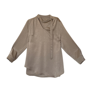 设计感缎面V领衬衫女2026春新款大码胖mm宽松中长款小心机衬衣