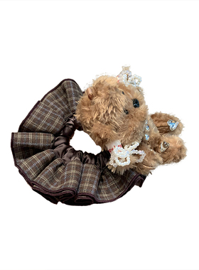 可爱毛绒小熊发圈女品质棕色格纹布艺肠圈头饰韩系扎马尾头绳发绳