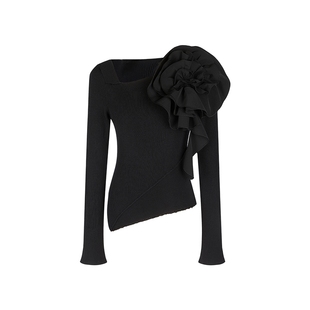 none 黑色针织衫女2026春新款设计感小众方领荷叶边褶皱花朵上衣