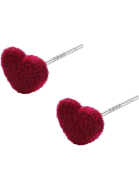999银丝绒爱心耳钉女红色