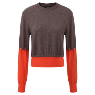 桑蚕丝羊毛拼接撞色针织长袖可拆卸袖子 棕红色 新年穿搭