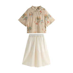 布丁哈鲁童装夏装女童2026夏季新款国风新中式衬衫雪纺裤子套装