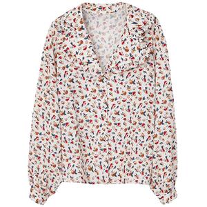 Oece春装女装 温柔甜系小碎花复古花边气质长袖衬衫上衣