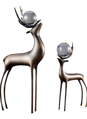 水晶球全黄铜福鹿招财客厅电视柜高档轻奢家居工艺品办公室摆件