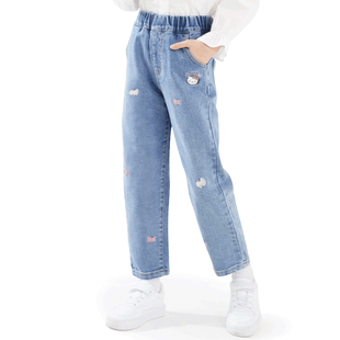 凯蒂猫女童牛仔裤儿童裤子春秋休闲裤大童宽松直筒裤洋气童装