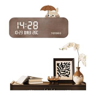 原木风龙猫客厅挂钟简约卧室钟表儿童房挂墙创意时钟数显电子钟表