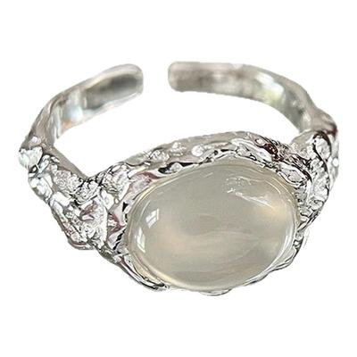 肌理感熔白玛瑙镀银戒指清冷感新中式不规则锡纸开口蛋形玉石女戒