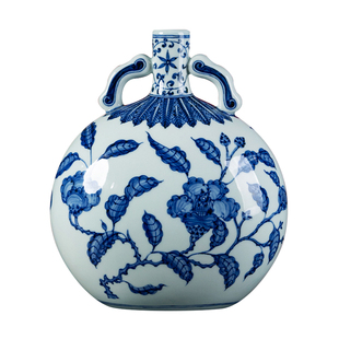 皇窑景德镇陶瓷花瓶青花瓷茶花花卉纹扁瓶摆件客厅博古架装饰瓷瓶