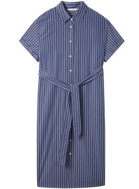 LANCY/朗姿2025夏新款撞色条纹收腰系带短袖衬衫连衣裙女通勤长裙
