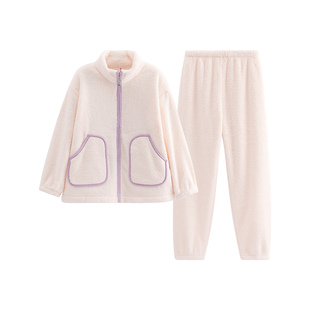 芬腾珊瑚绒女士睡衣秋冬款加绒加厚休闲宽松加大码开衫家居服套装