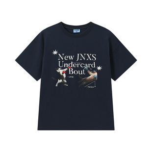 江南先生NewJNXS'喵喵拳'高克重长绒棉圆领T恤夏宽松印花运动短袖