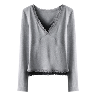 HAMYIHO 设计感拼接假两件撞色蕾丝边v领长袖t恤女内搭打底衫上衣