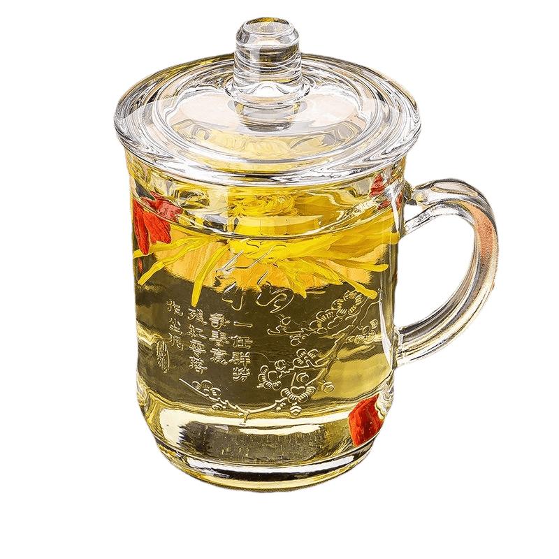 加厚刻花杯把手茶饮杯玻璃水杯
