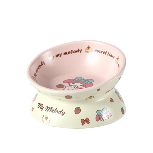 MyMelody小猫碗小型犬碗套装粉色卡通宠物高脚斜口碗护颈碗罐头碟