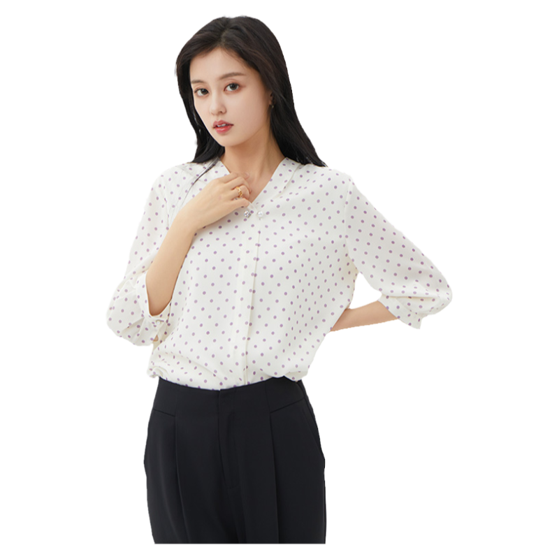 翠贝卡休闲女波点V领七分袖衬衫