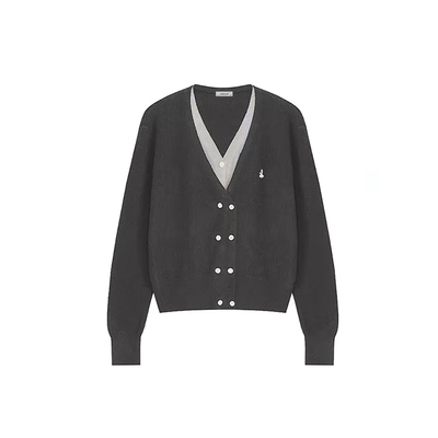 复古撞色v领假两件开衫针织衫