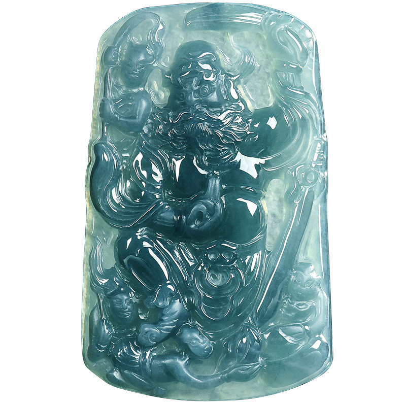 天然A货翡翠蓝水钟馗降魔玉吊坠