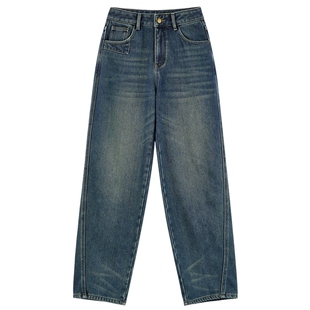 秋水伊人时尚简约裤子2025年冬季新款经典直筒版型高腰加绒牛仔裤