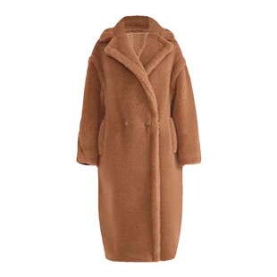 文咏珊明星同款咖色泰迪熊大衣女25年秋冬新款宽松长款羊毛羔外套