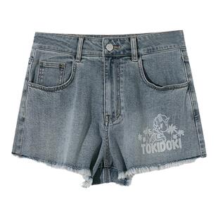 tokidoki潮牌复古毛边镭射牛仔短裤女夏新款辣妹高腰显瘦高街裤子