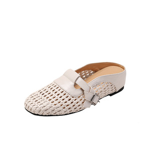 羊皮~2026新款法式内增高5cm包头凉鞋女编织网面透气一字带拖鞋女