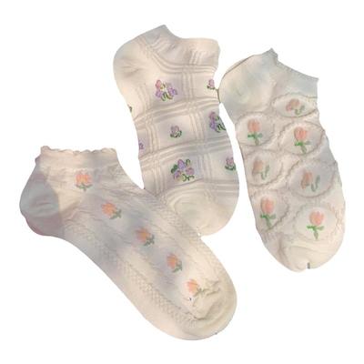 细细条可爱花边创意小花薄款船袜