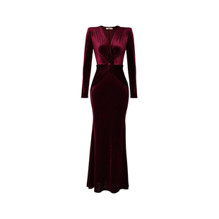 XULU原创纯色气质丝绒包臀鱼尾裙优雅知性直角肩扭结V领连衣裙