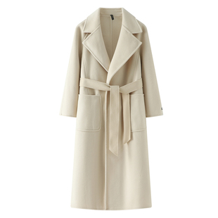 2025秋冬新款双面羊毛大衣女中长款西装领系带修身毛呢外套2501