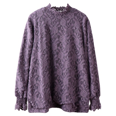 加绒加厚大码蕾丝松紧领女打底衫