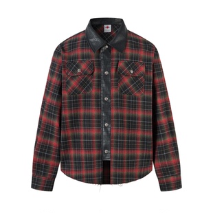 短句先生冬季红黑格纹朋克风酷帅拼接衬衫