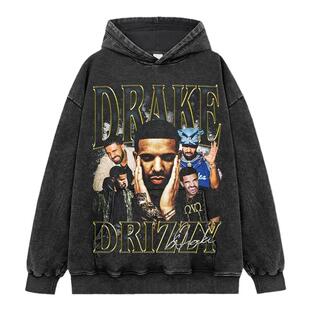 美式嘻哈DRAKE公鸭印花连帽卫衣男街头复古水洗重磅纯棉宽松外套
