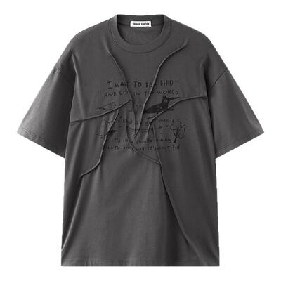 不规则压褶手绘图印花夏季短袖