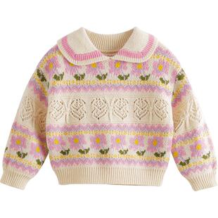 马克珍妮女童柔蓝绒娃娃领钩花针织衫儿童费尔岛毛衣秋冬装241076