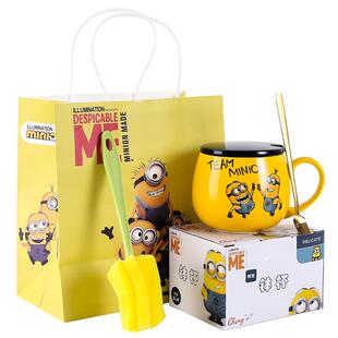 小黄人杯子带盖带勺子马克杯家用儿童水杯女高颜值男生男孩陶瓷杯